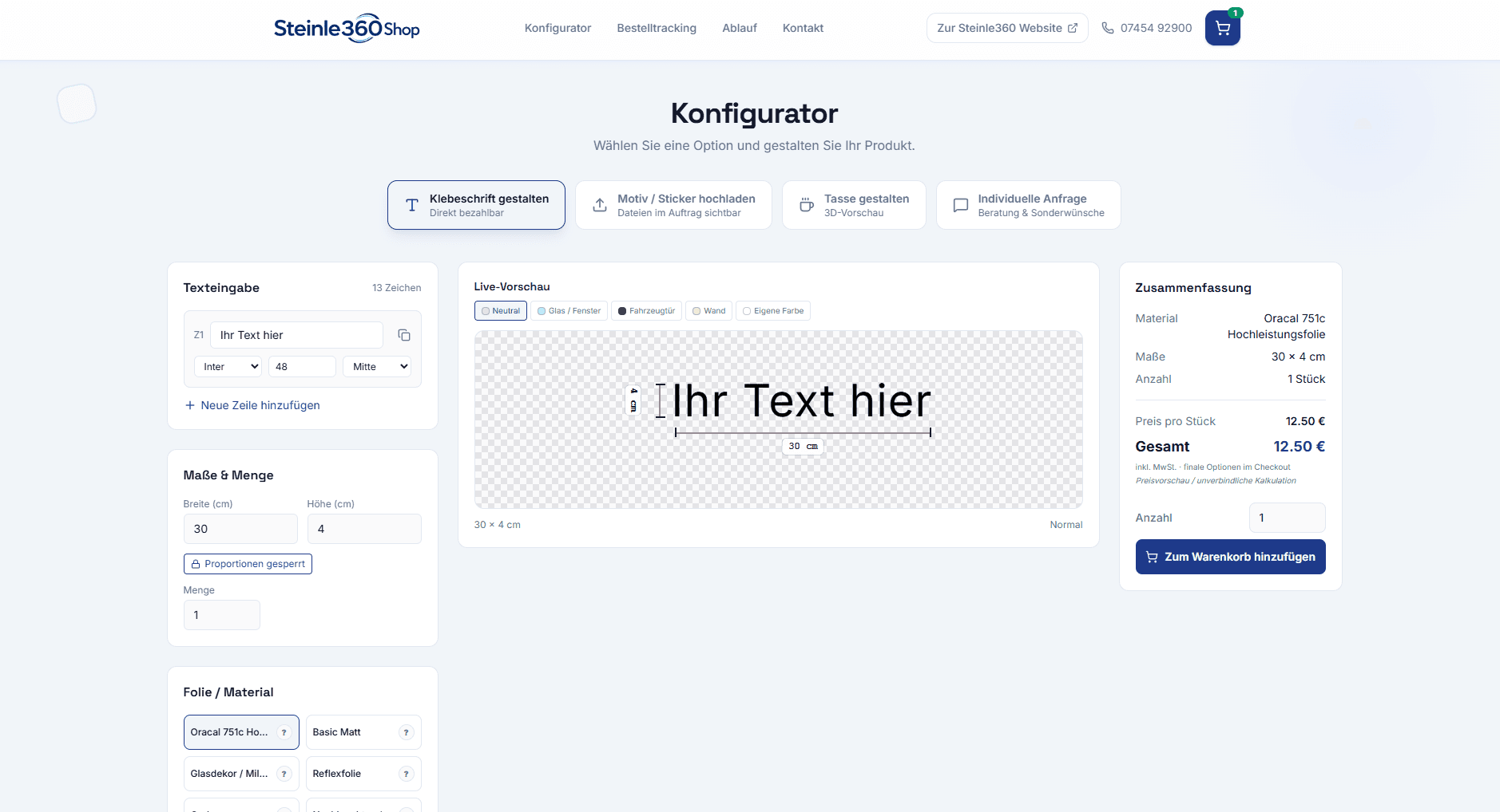 Produktkonfigurator mit Live-Vorschau im Onlineshop von Steinle360